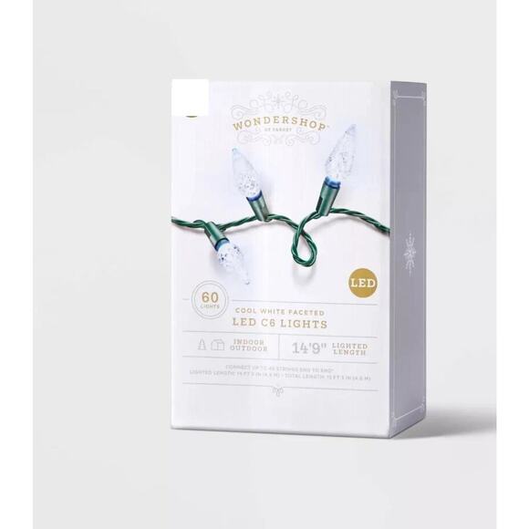 Wondershop 60 Cool White Faceted LED C6 Lights Green Wire New - Picture 1 of 2